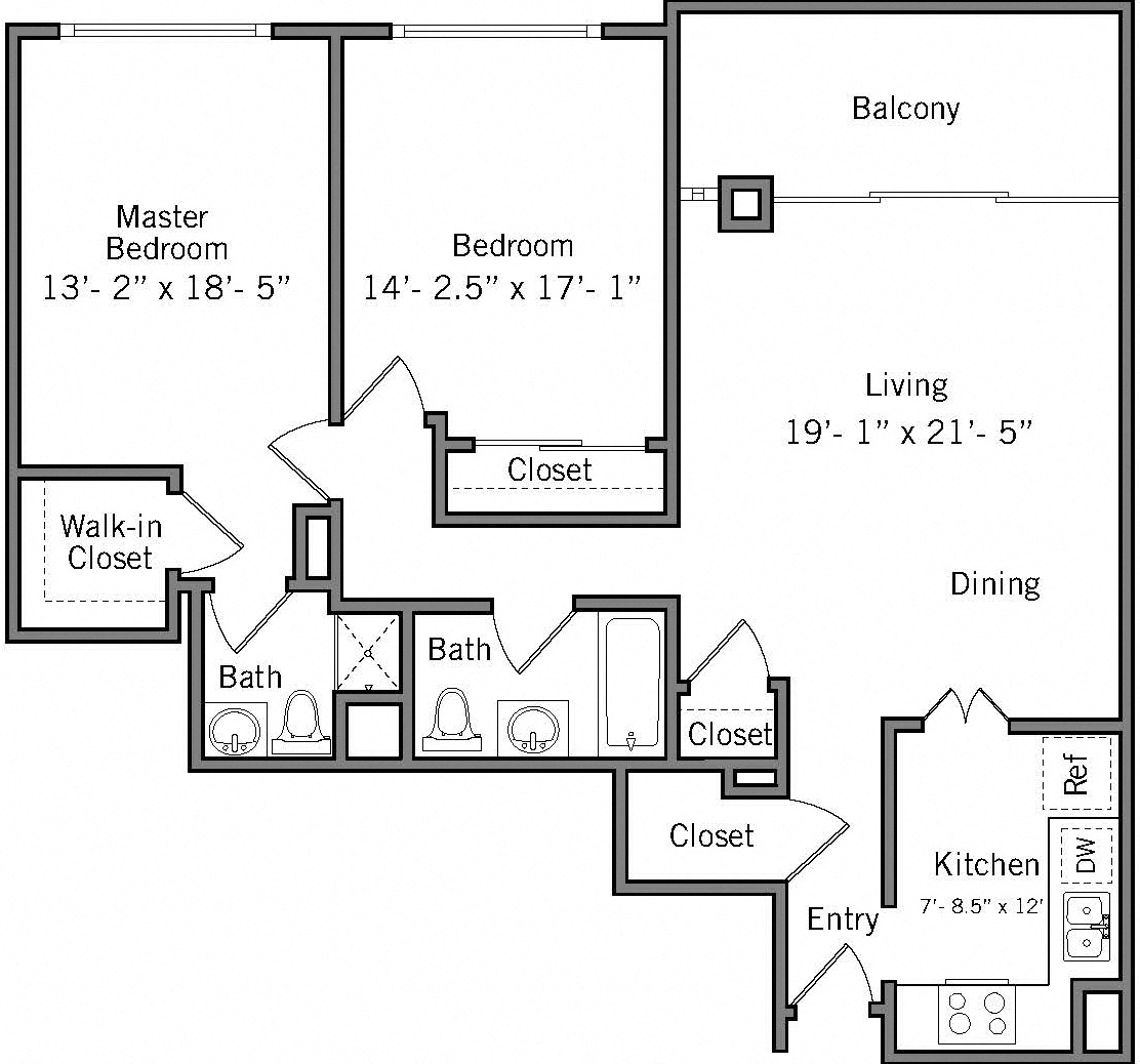 Floor plan for 2 beds, 2 baths, 1107 sqft
